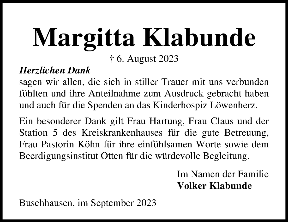 Traueranzeige von Margitta Klabunde von Osterholzer Kreisblatt