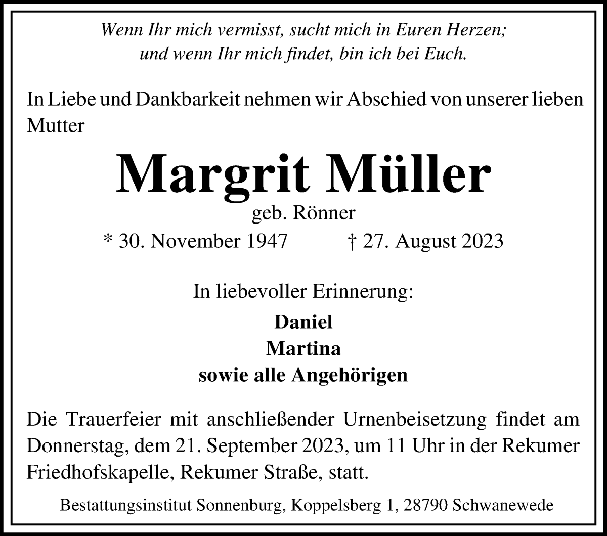 Traueranzeige von Margrit Müller von Die Norddeutsche