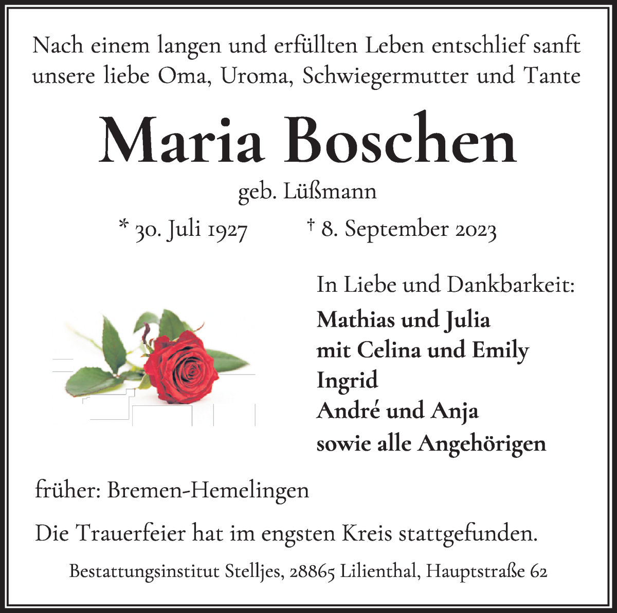 Traueranzeige von Maria Boschen von WESER-KURIER