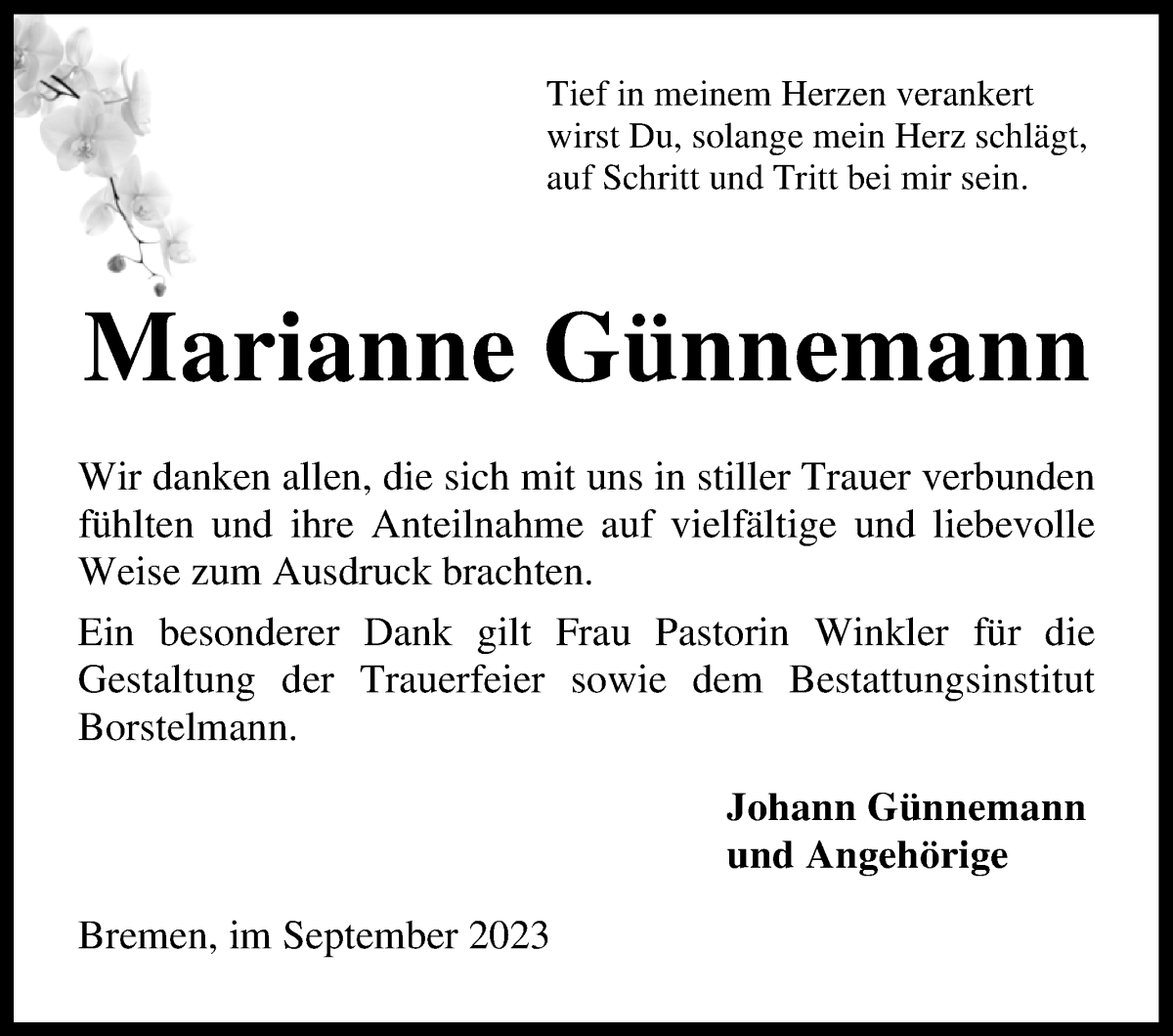 Traueranzeige von Marianne Günnemann von WESER-KURIER