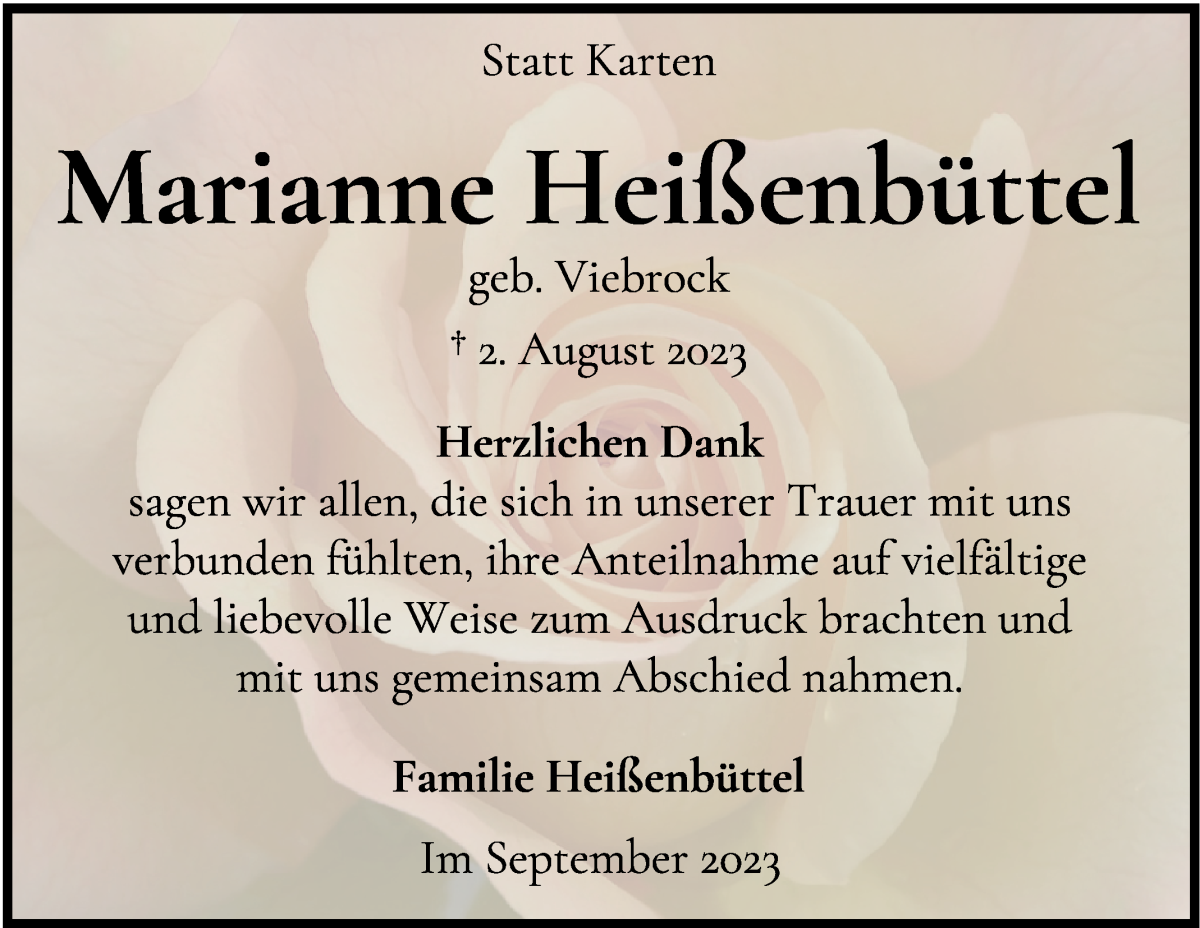 Traueranzeige von Marianne Heißenbüttel von Wuemme Zeitung