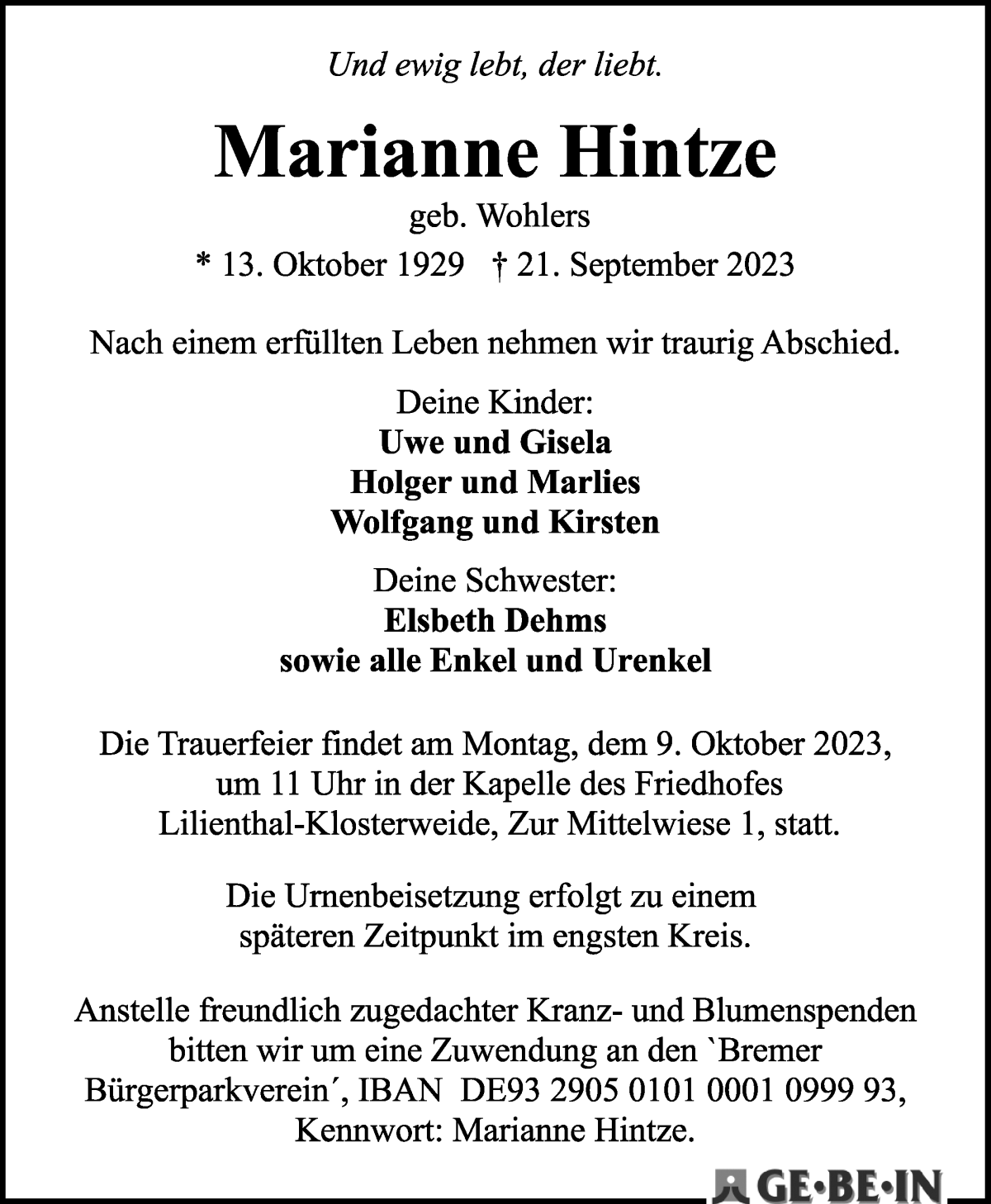 Traueranzeige von Marianne Hintze von WESER-KURIER