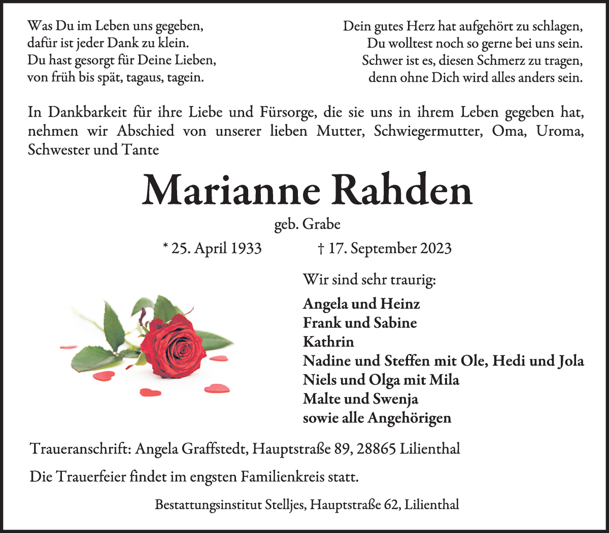 Traueranzeige von Marianne Rahden von Wuemme Zeitung