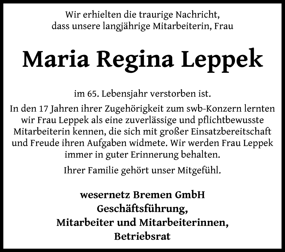 Traueranzeige von Maria Regina Leppek von WESER-KURIER