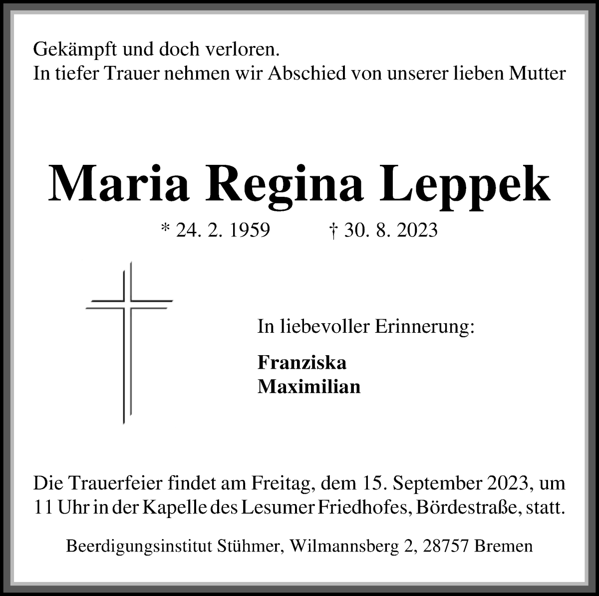 Traueranzeige von Maria Regina Leppek von WESER-KURIER