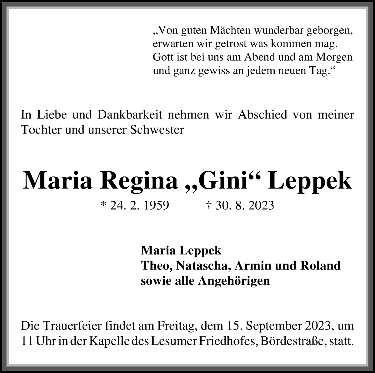 Traueranzeige von Maria Regina Leppek von WESER-KURIER