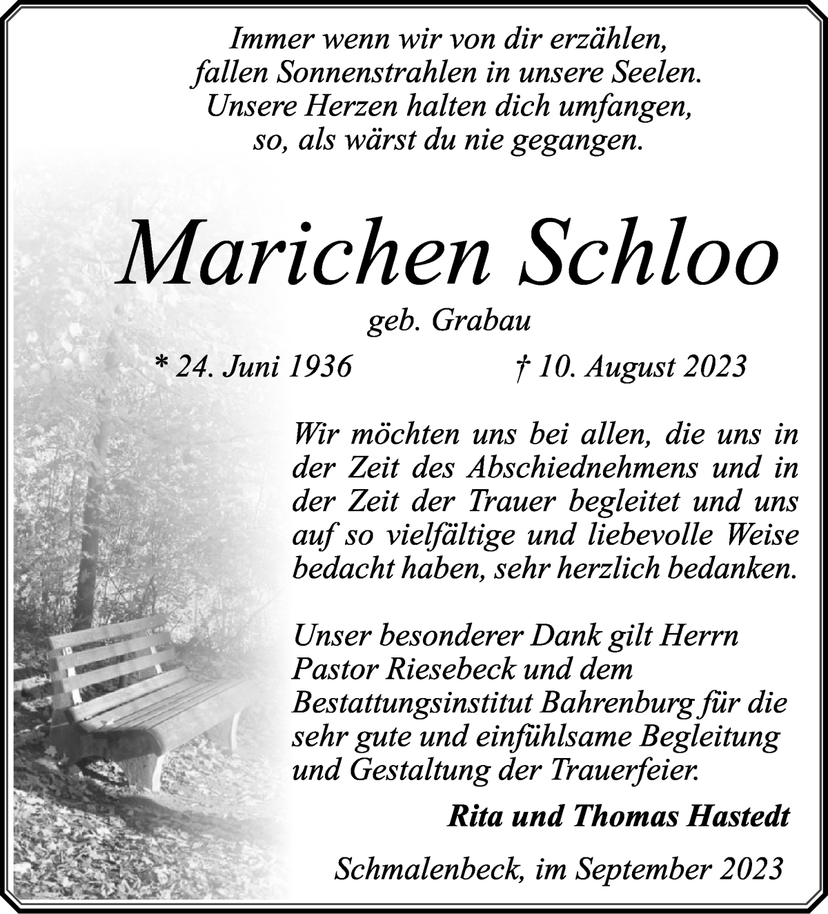 Traueranzeige von Marichen Schloo von Wuemme Zeitung