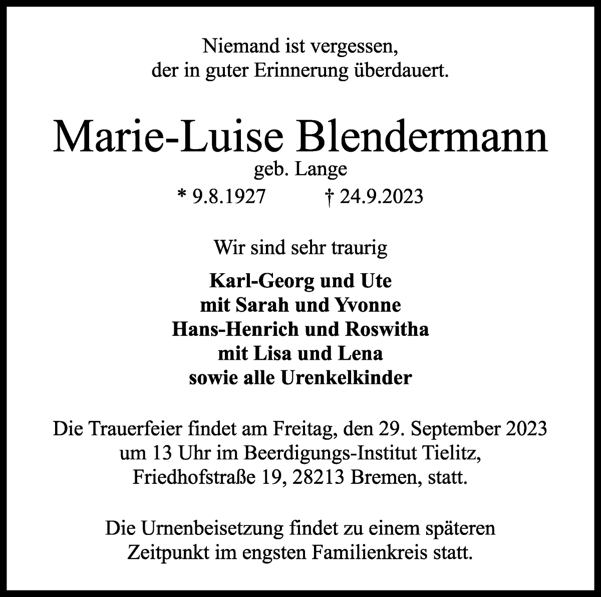 Traueranzeige von Marie-Luise Blendermann von WESER-KURIER