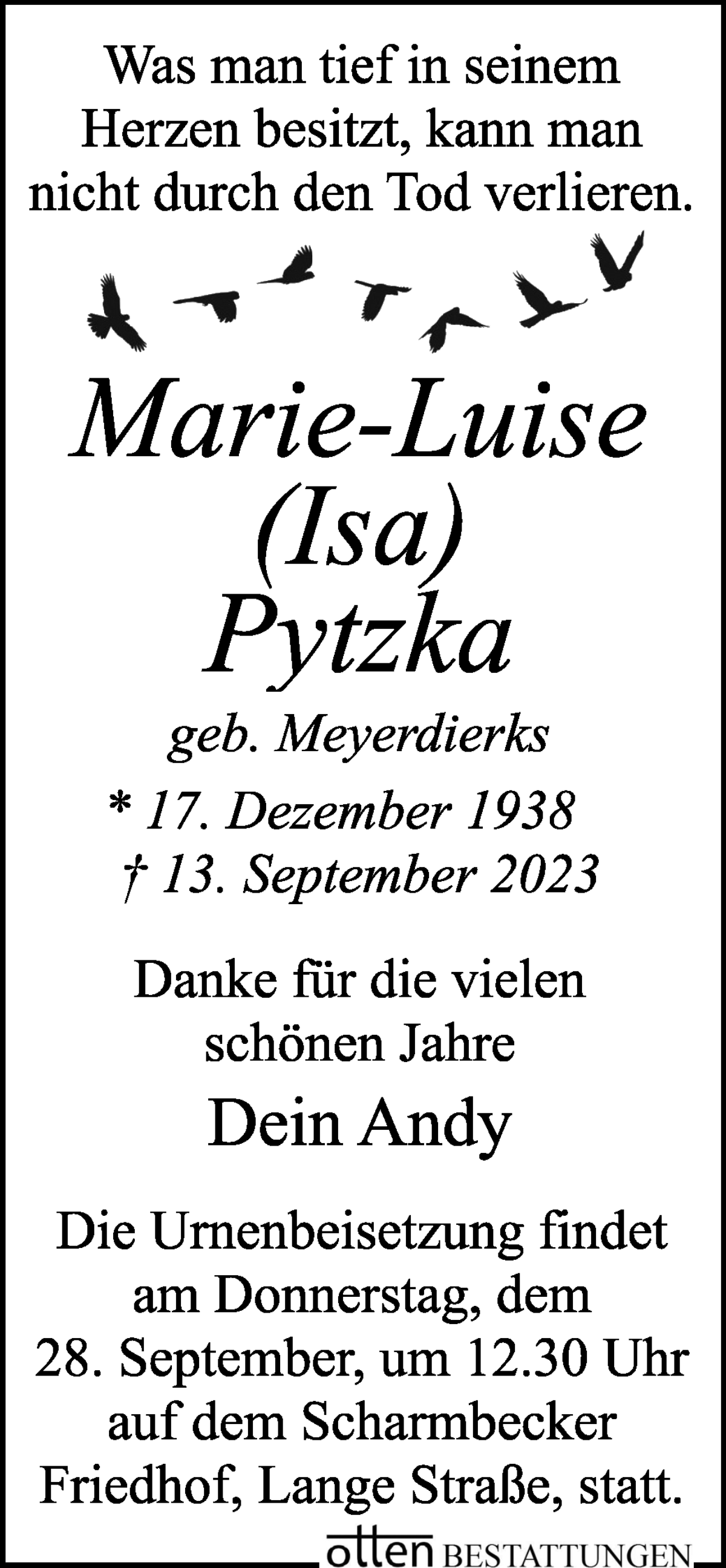 Traueranzeige von Marie-Luise Pytzka von Osterholzer Kreisblatt