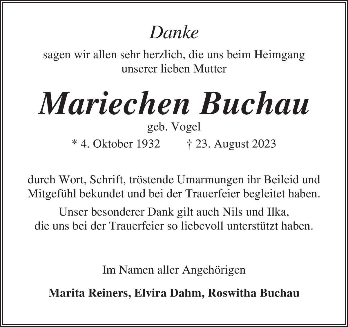 Traueranzeige von Mariechen Buchau von Osterholzer Kreisblatt