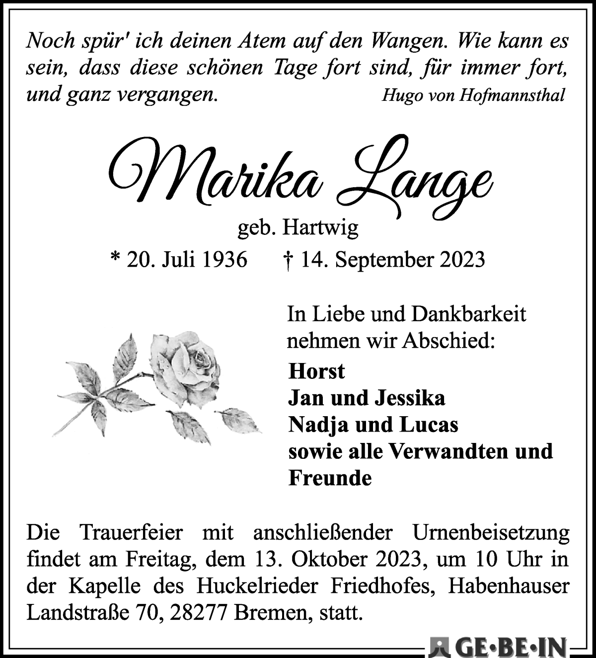 Traueranzeige von Marika Lange von WESER-KURIER