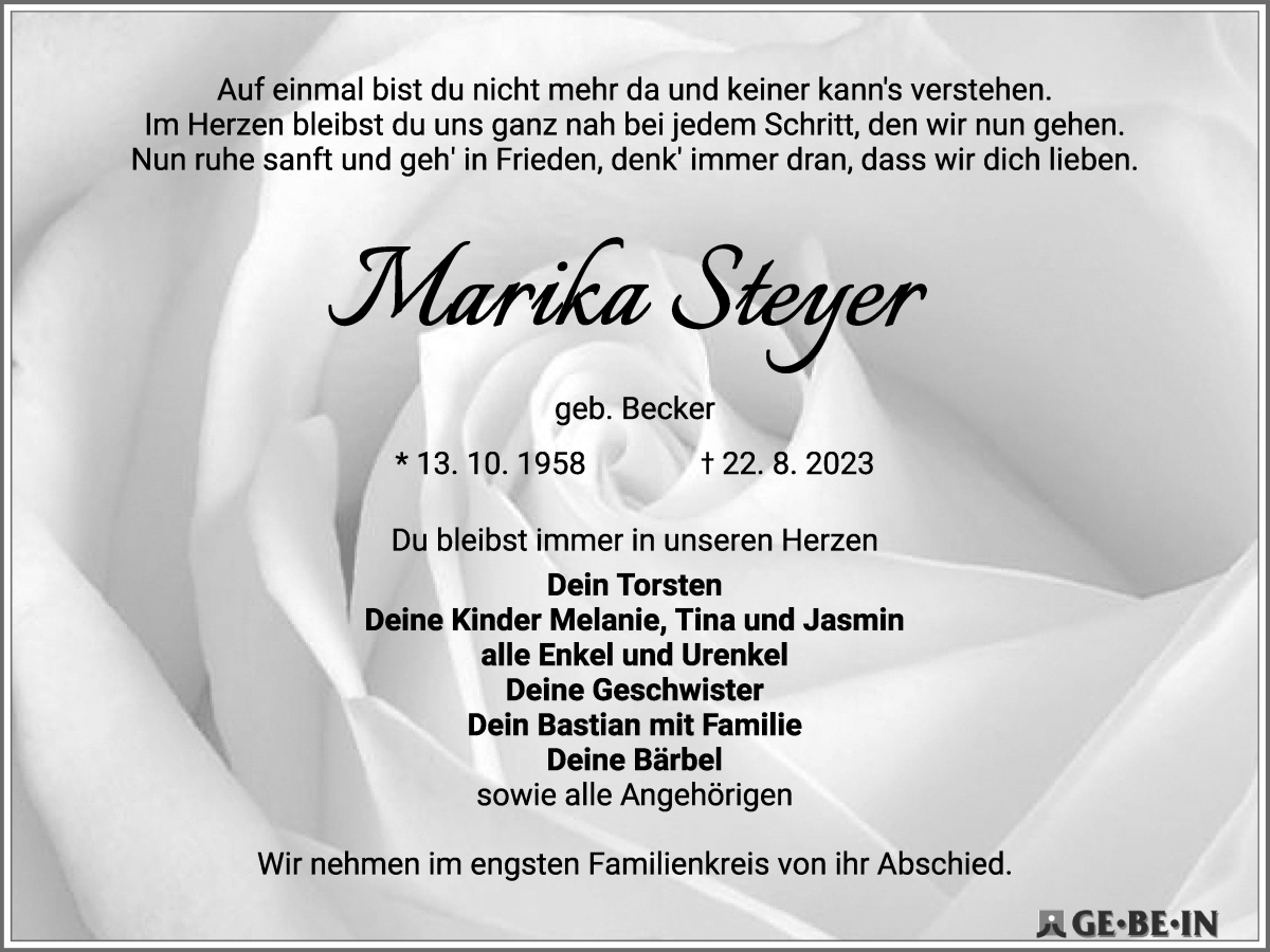 Traueranzeige von Marika Steyer von WESER-KURIER