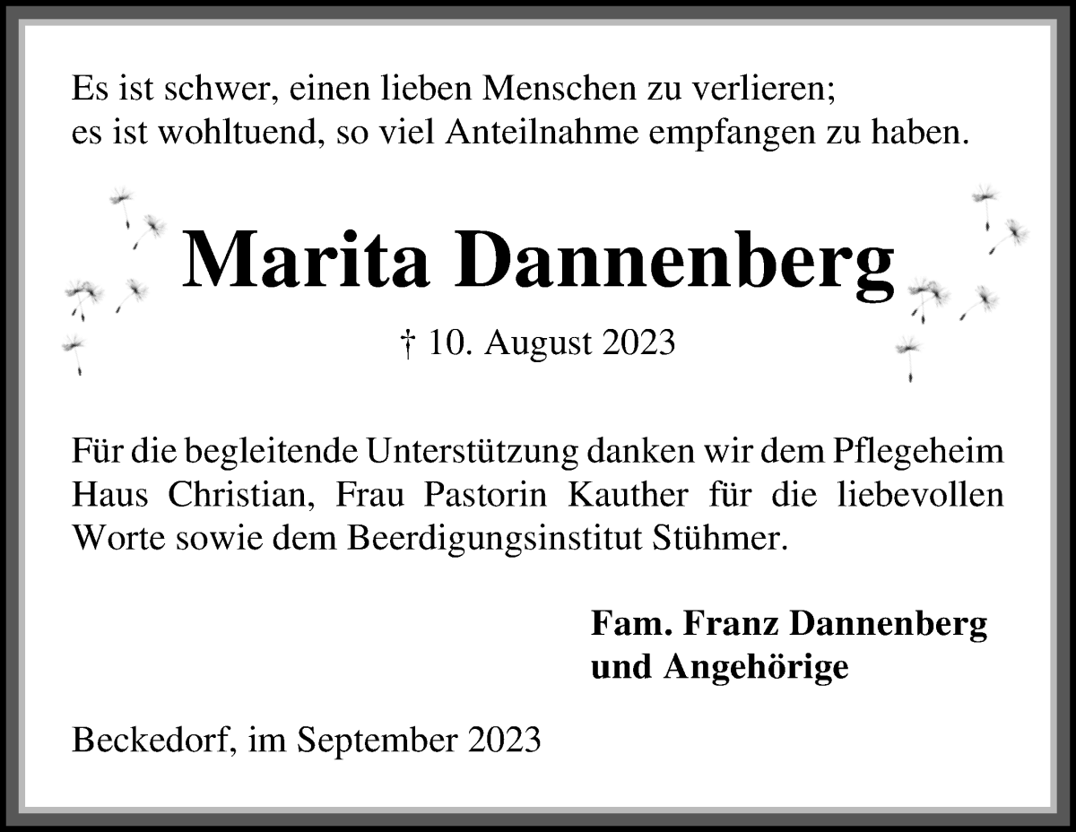 Traueranzeige von Marita Dannenberg von Die Norddeutsche