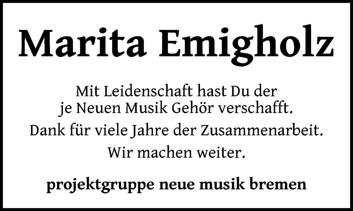 Traueranzeige von Marita Emigholz von WESER-KURIER