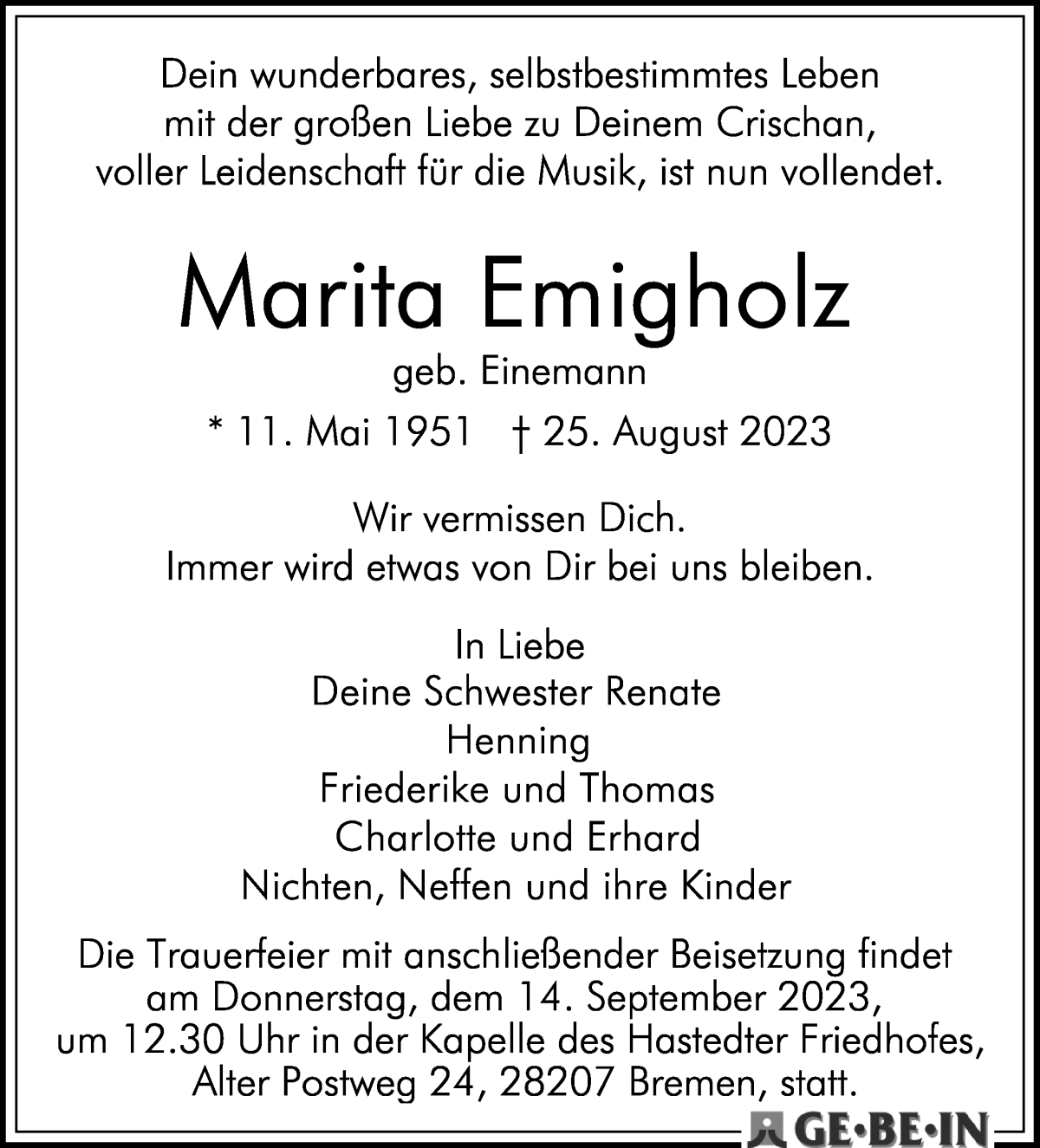 Traueranzeige von Marita Emigholz von WESER-KURIER