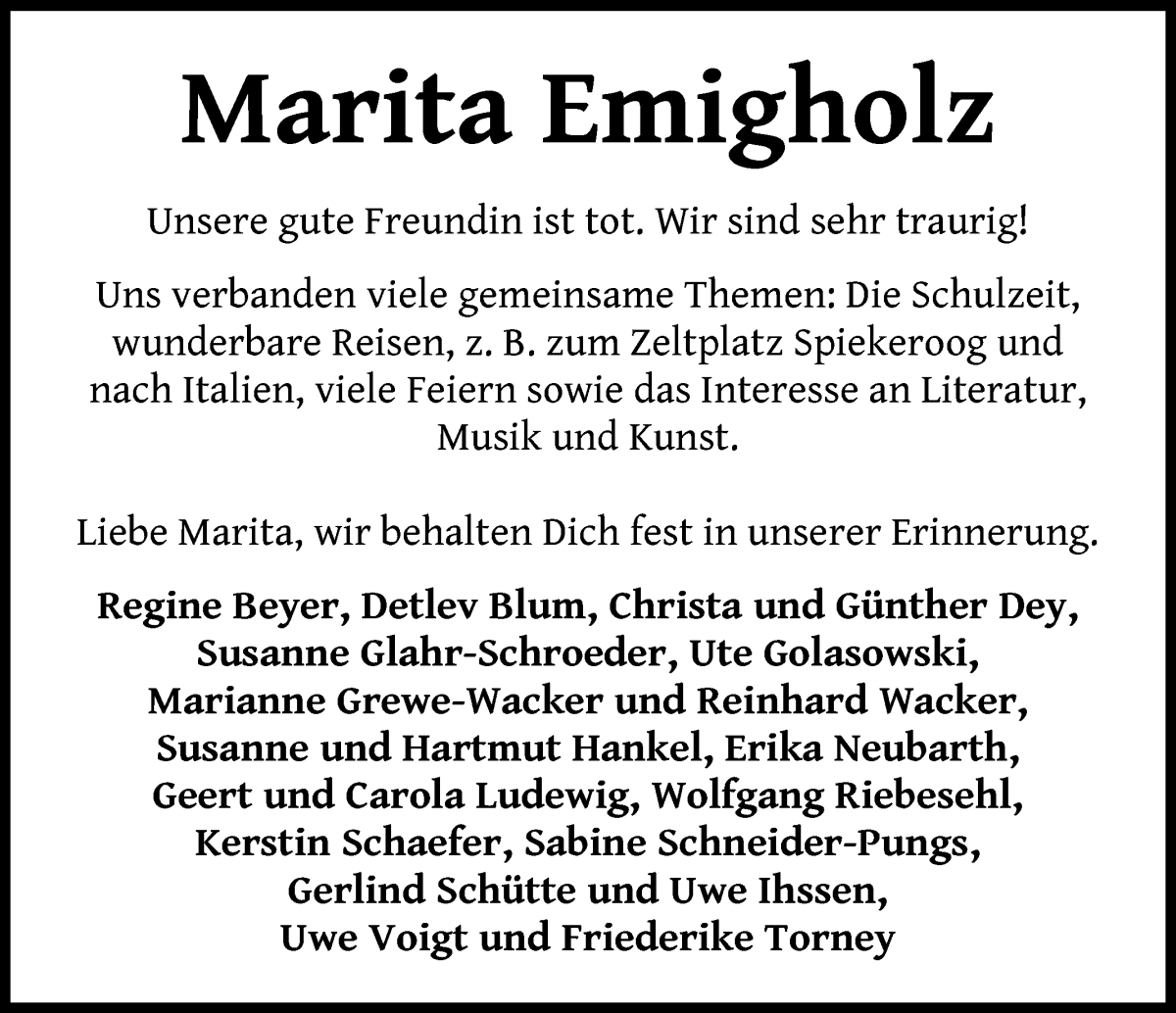 Traueranzeige von Marita Emigholz von WESER-KURIER