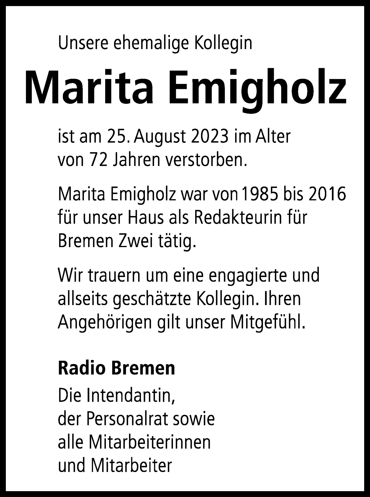 Traueranzeige von Marita Emigholz von WESER-KURIER