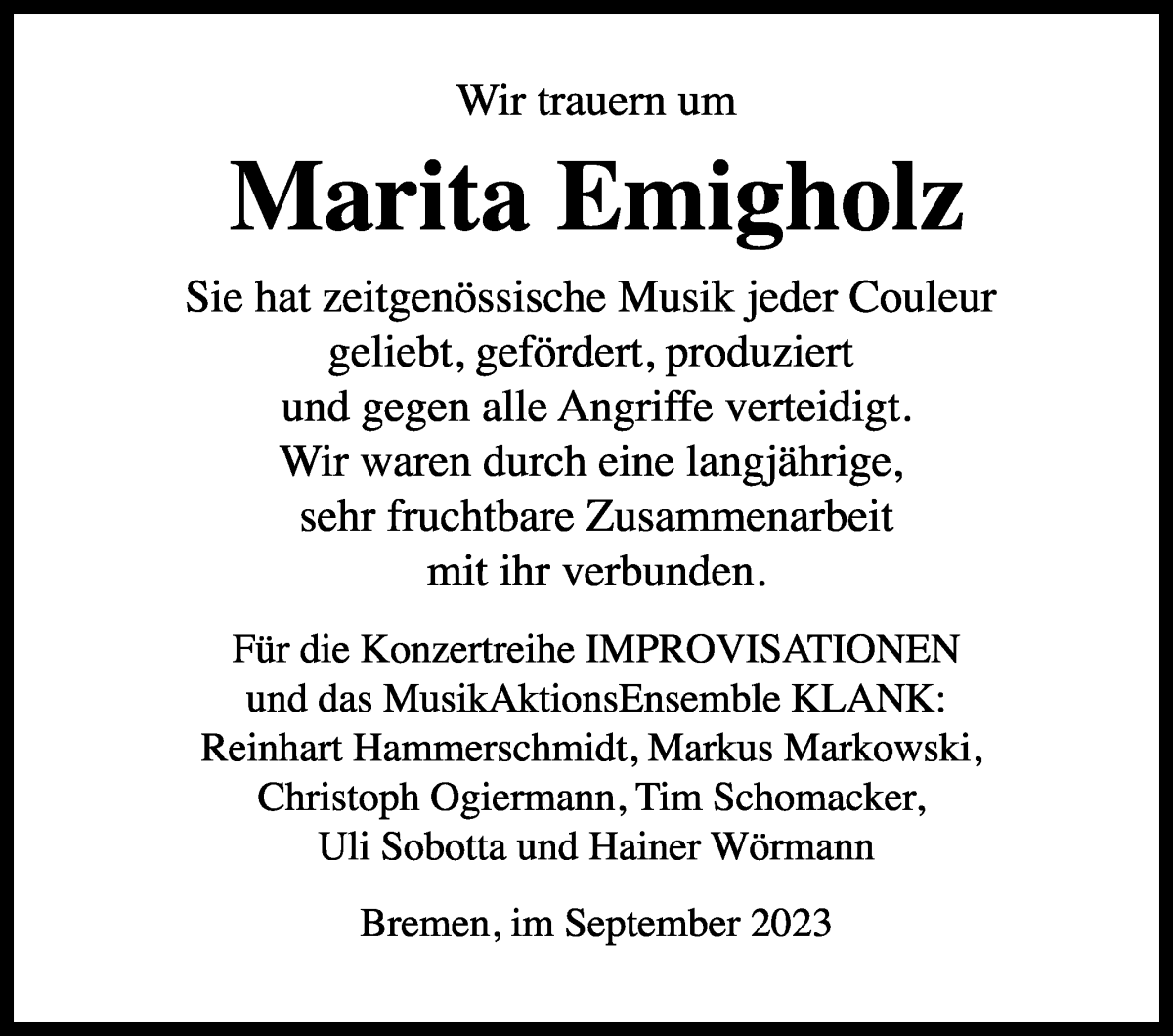 Traueranzeige von Marita Emigholz von WESER-KURIER