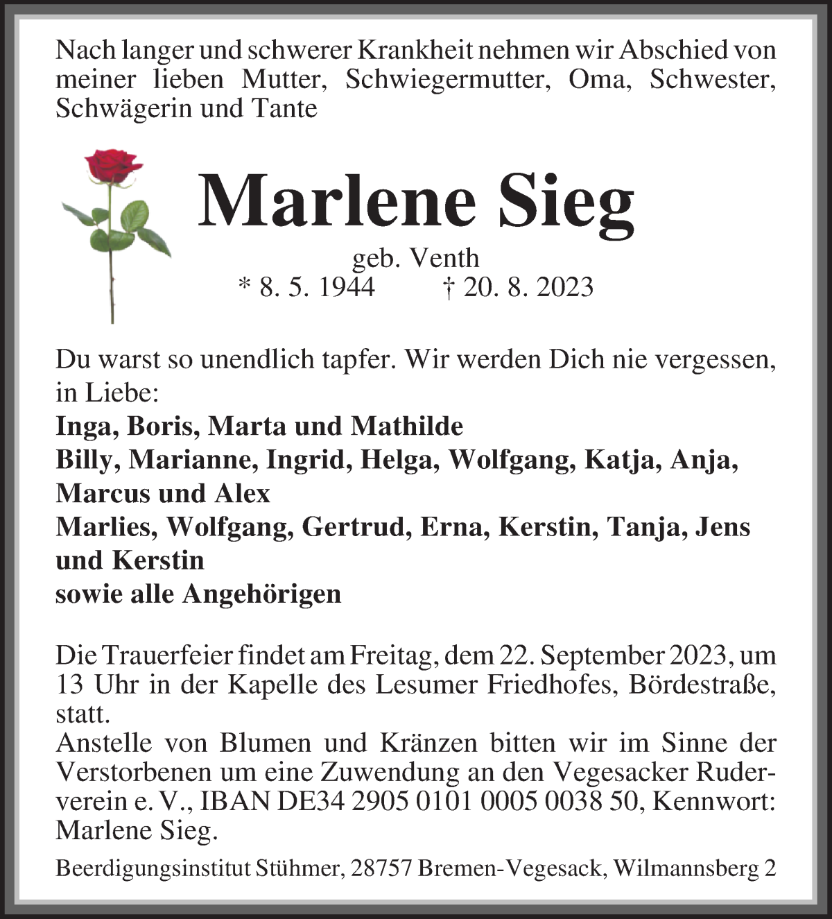 Traueranzeige von Marlene Sieg von Die Norddeutsche