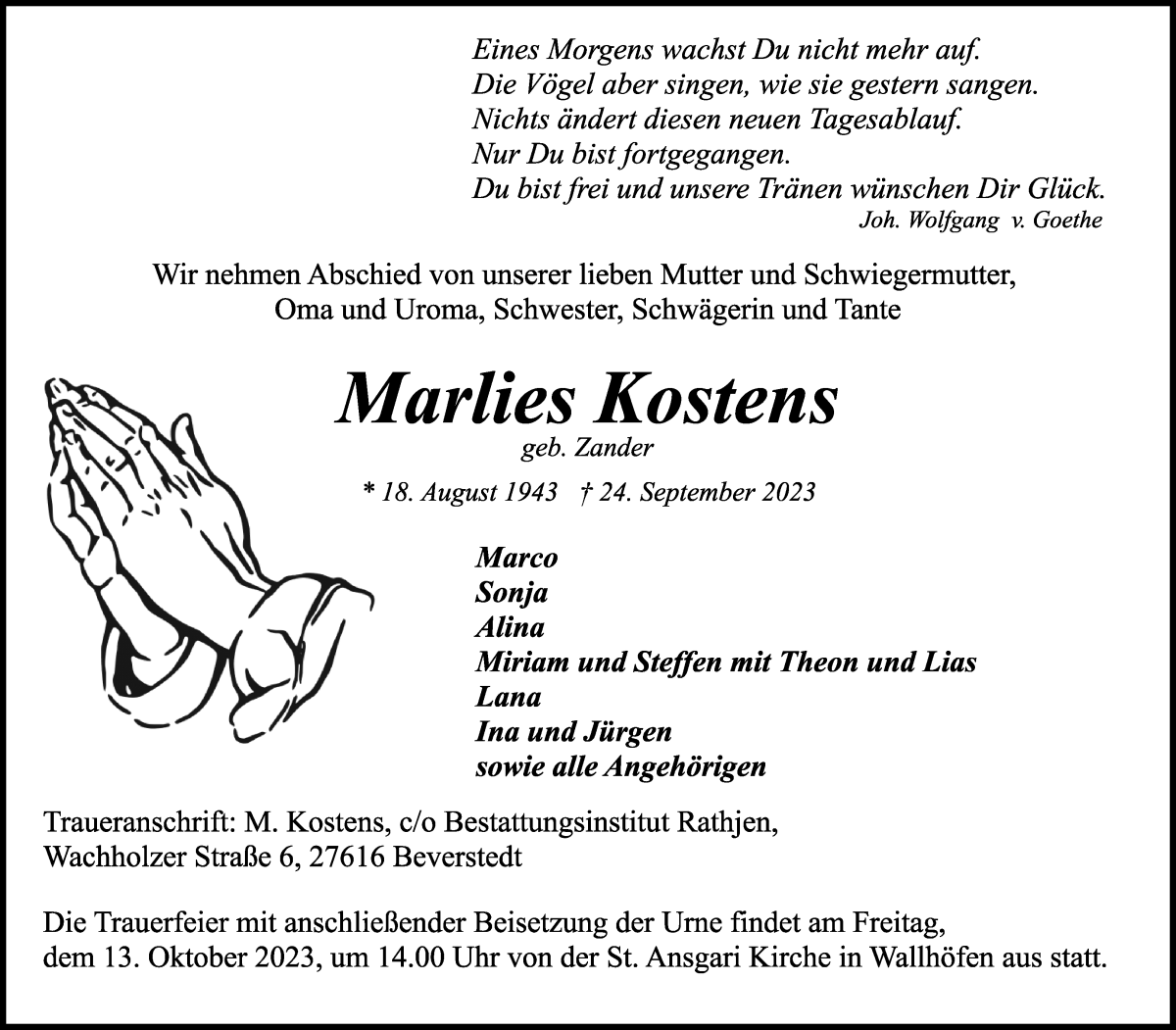 Traueranzeige von Marlies Kostens von Osterholzer Kreisblatt