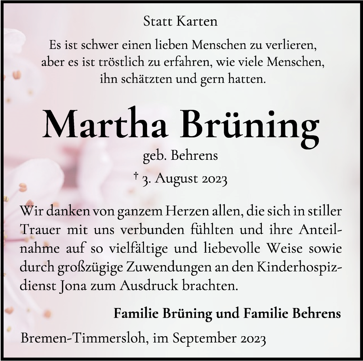 Traueranzeige von Martha Brüning von Wuemme Zeitung
