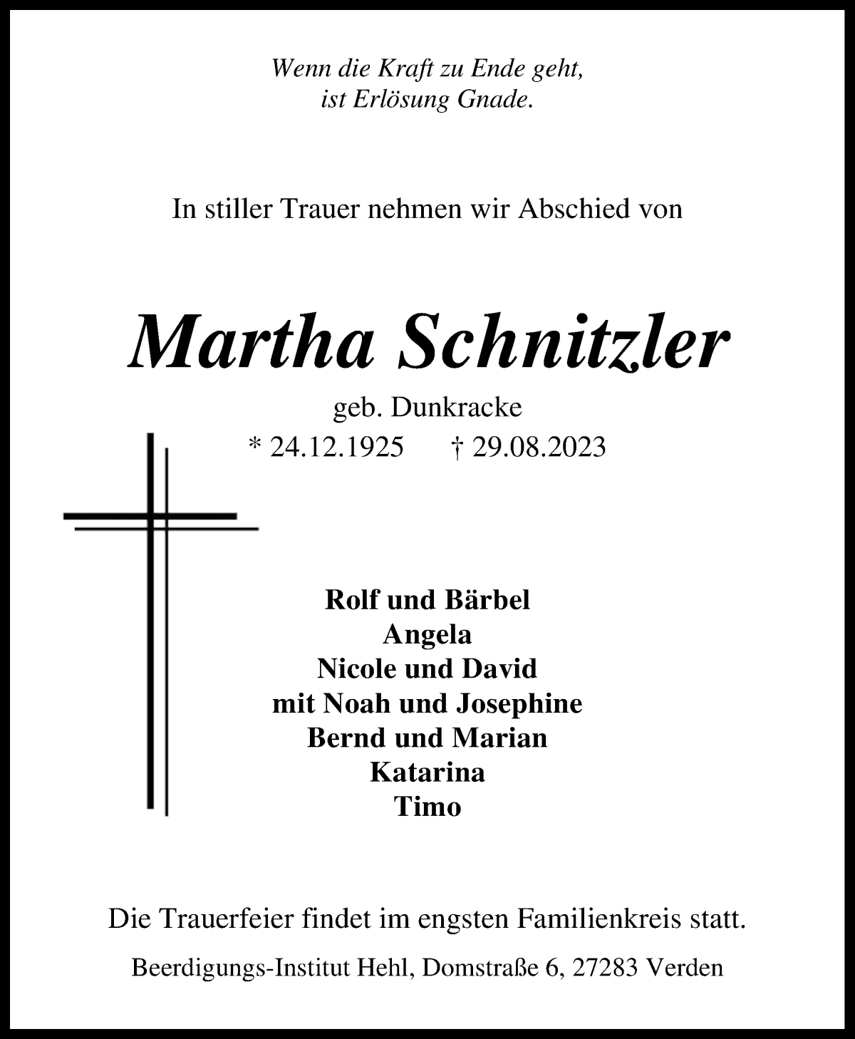 Traueranzeige von Martha Schnitzler von WESER-KURIER