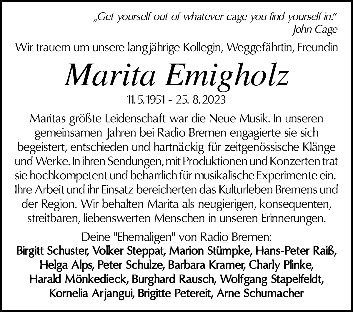 Traueranzeige von Martina Emigholz von WESER-KURIER