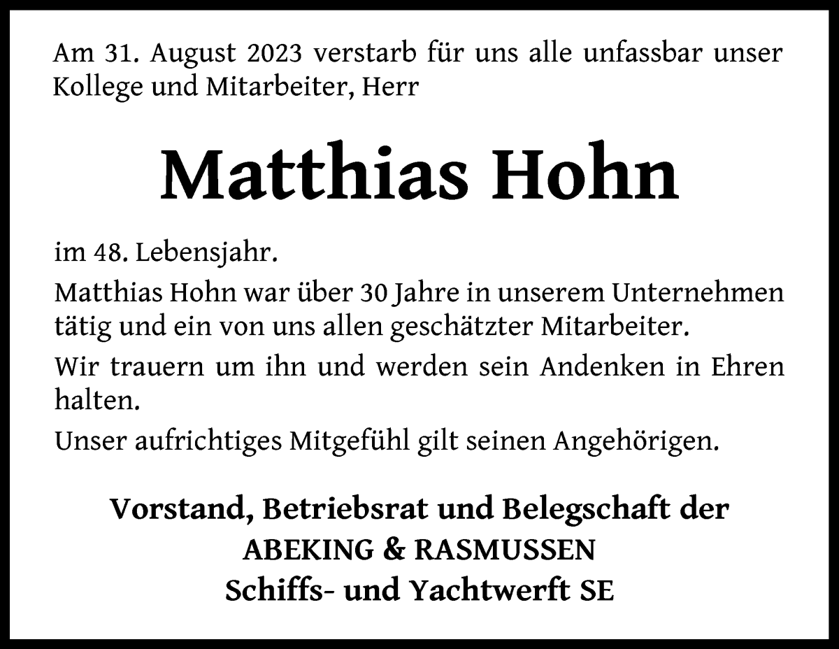 Traueranzeige von Matthias Hohn von Die Norddeutsche