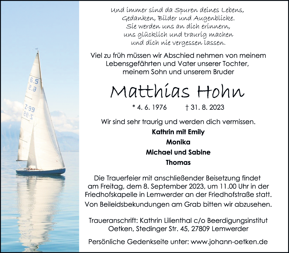 Traueranzeige von Matthias Hohn von Die Norddeutsche