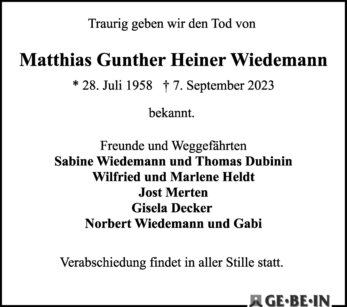 Traueranzeige von Matthias Gunther Heiner Wiedemann von WESER-KURIER