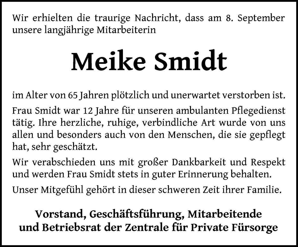 Traueranzeige von Meike Smidt von WESER-KURIER