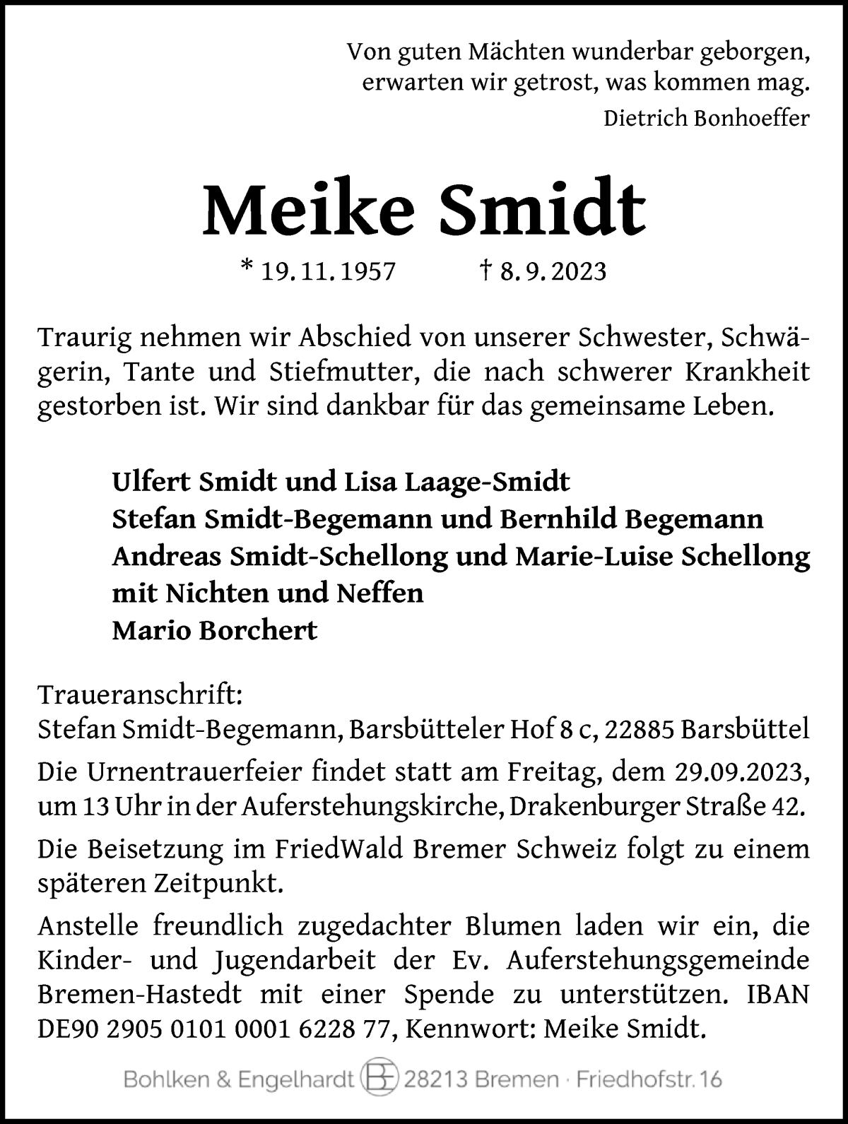 Traueranzeige von Meike Smidt von WESER-KURIER