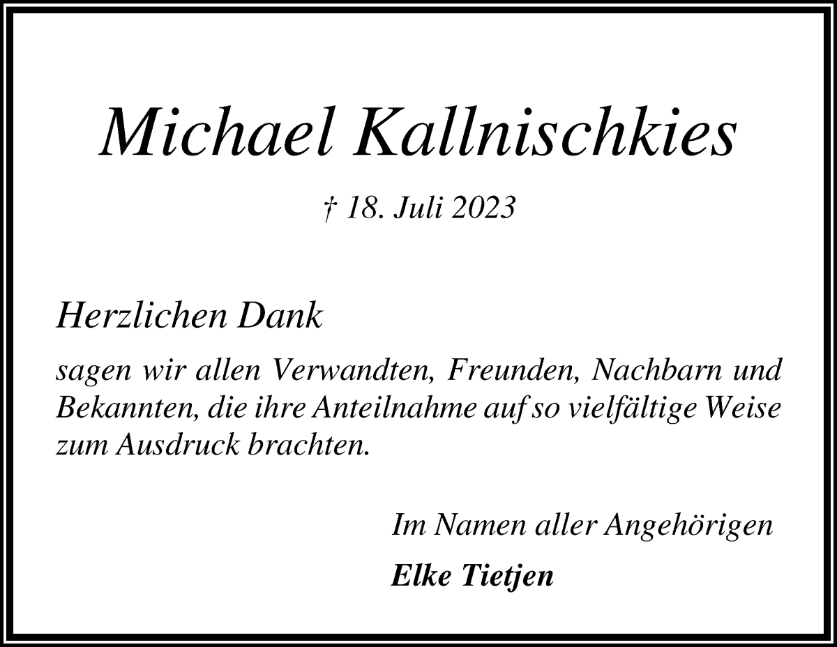 Traueranzeige von Michael Kallnischkies von Osterholzer Kreisblatt