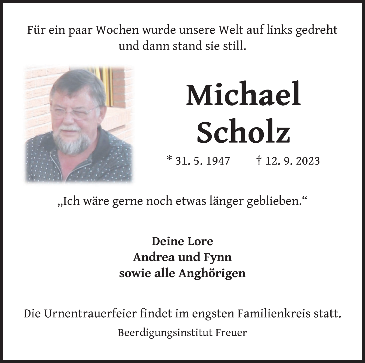 Traueranzeige von Michael Scholz von WESER-KURIER