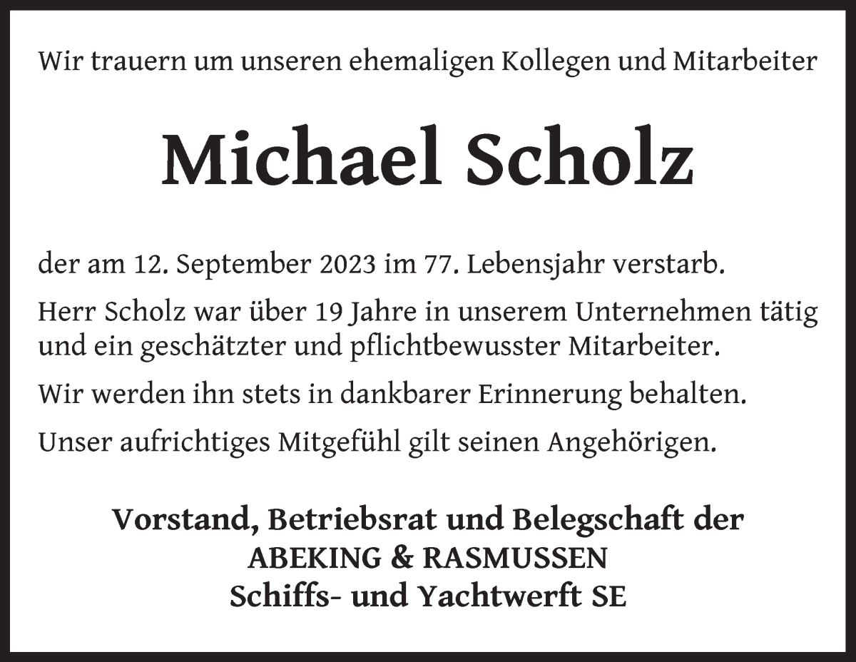 Traueranzeige von Michael Scholz von Die Norddeutsche