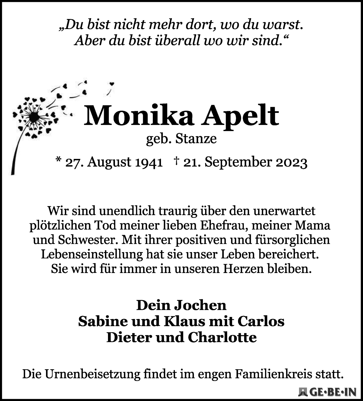 Traueranzeige von Monika Apelt von WESER-KURIER