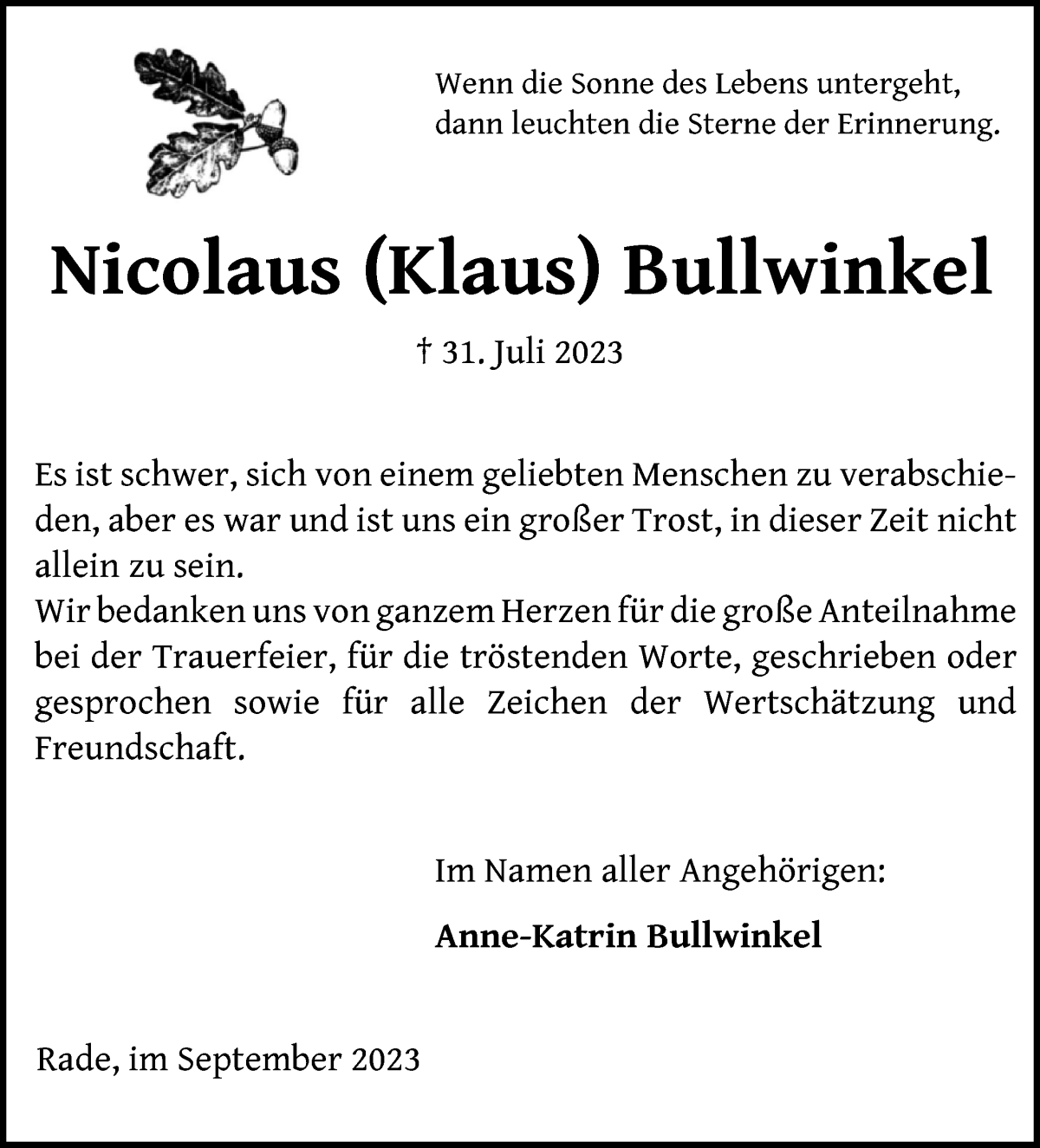 Traueranzeige von Nicolaus (Klaus) Bullwinkel von Die Norddeutsche
