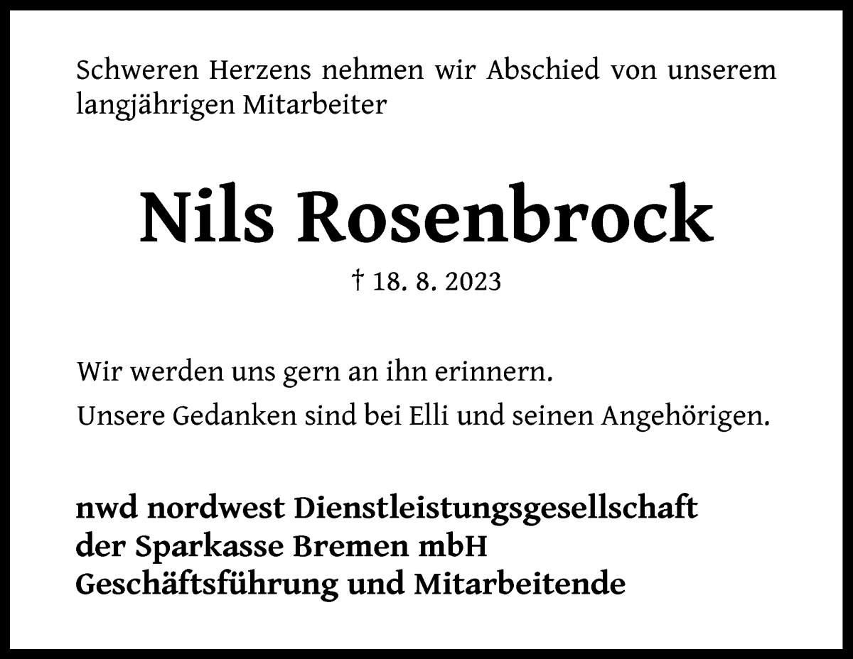 Traueranzeige von Nils Rosenbrock von WESER-KURIER