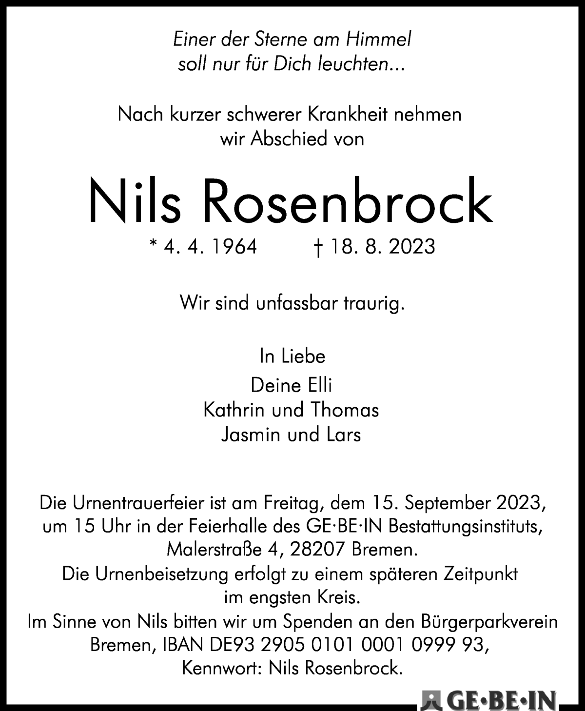 Traueranzeige von Nils Rosenbrock von WESER-KURIER