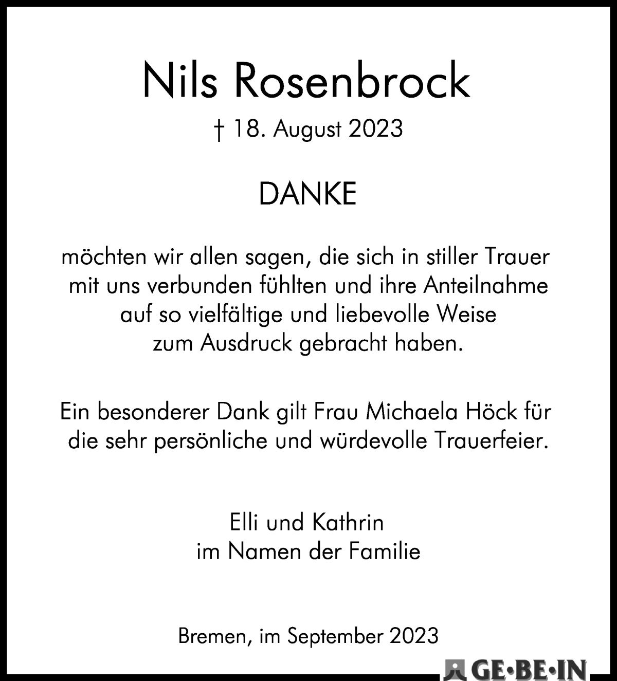 Traueranzeige von Nils Rosenbrock von WESER-KURIER
