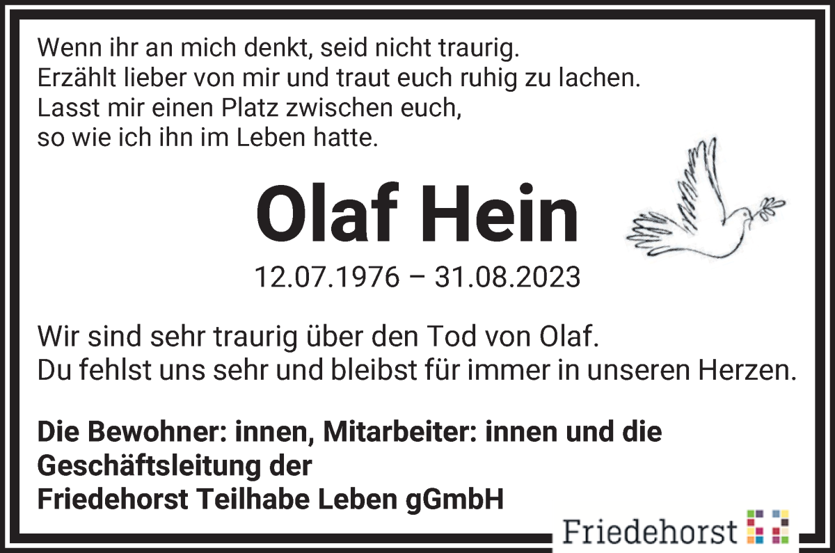 Traueranzeige von Olaf Hein von WESER-KURIER