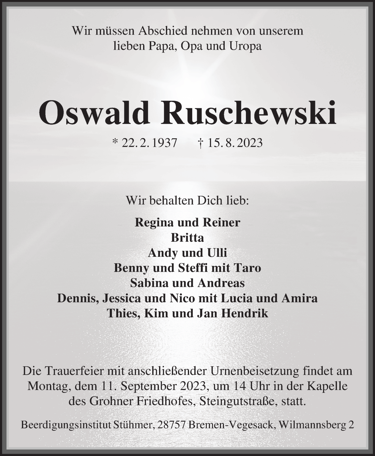 Traueranzeige von Oswald Ruschewski von Die Norddeutsche
