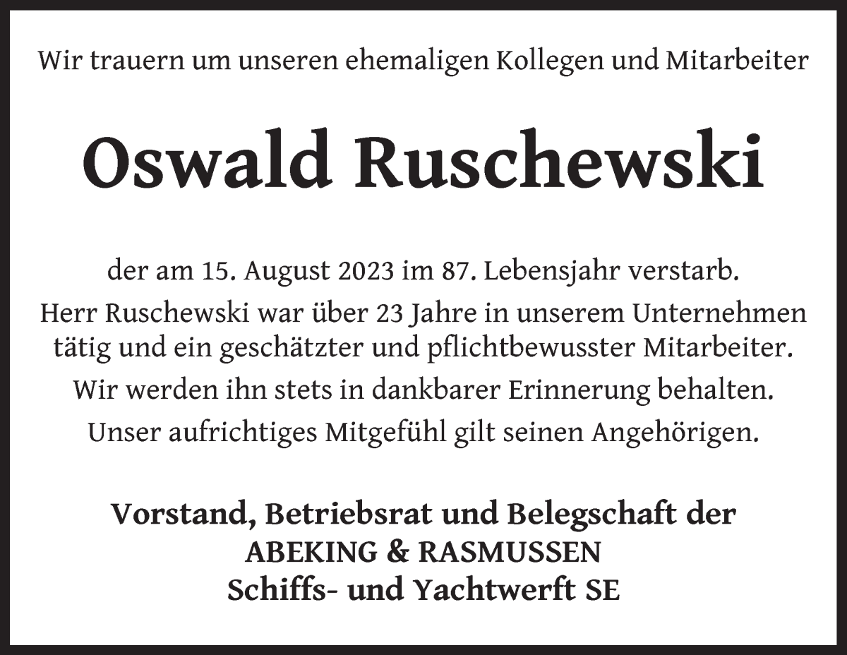 Traueranzeige von Oswald Ruschewski von Die Norddeutsche
