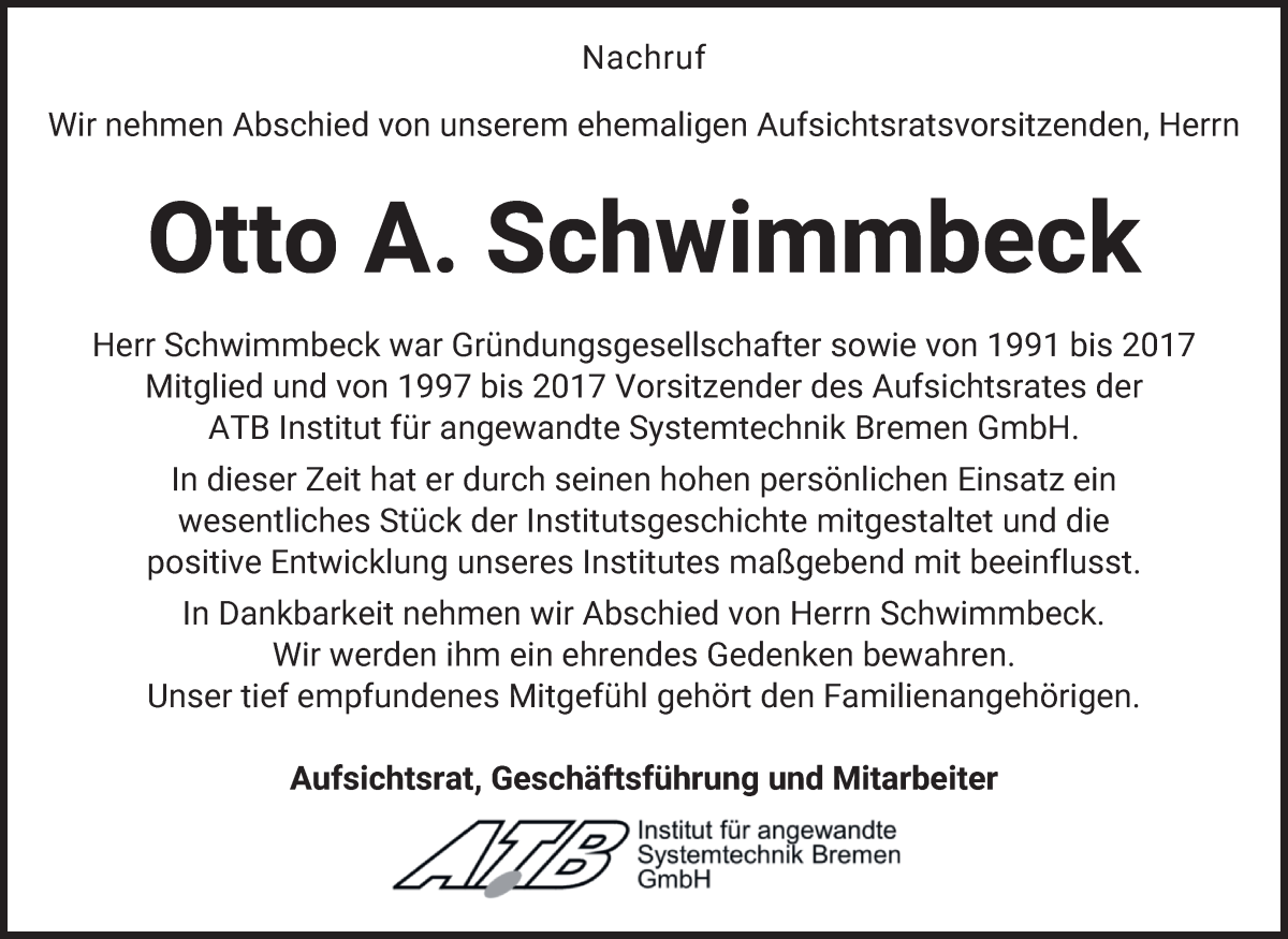 Traueranzeige von Otto A. Schwimmbeck von WESER-KURIER