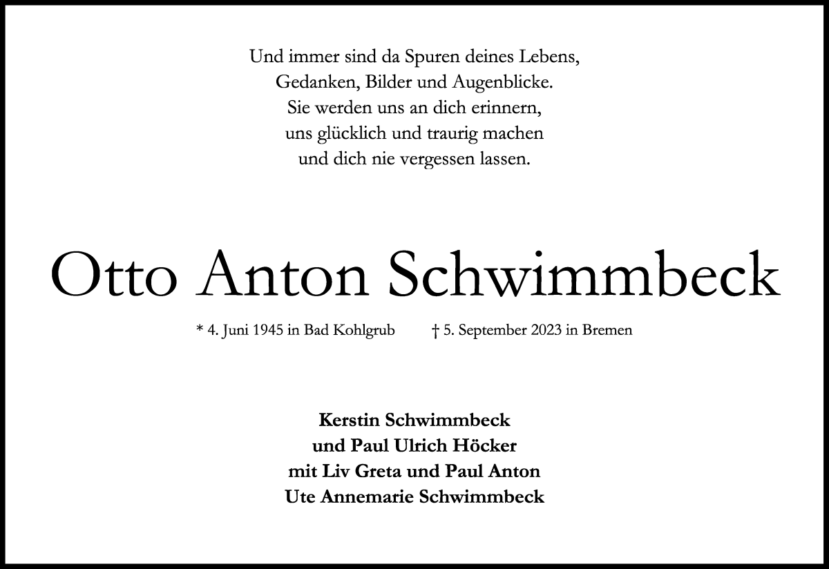 Traueranzeige von Otto A. Schwimmbeck von WESER-KURIER