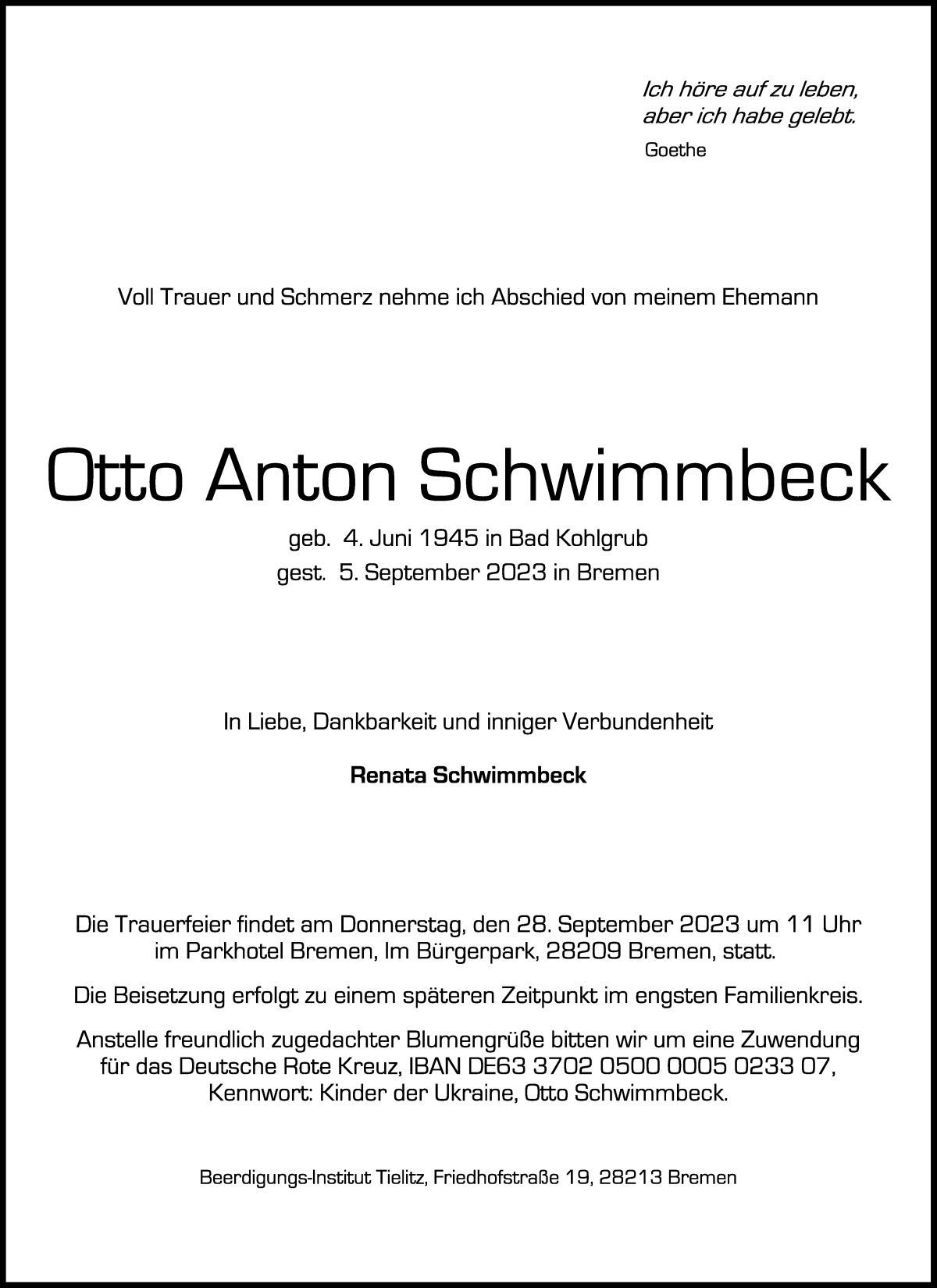 Traueranzeige von Otto A. Schwimmbeck von WESER-KURIER