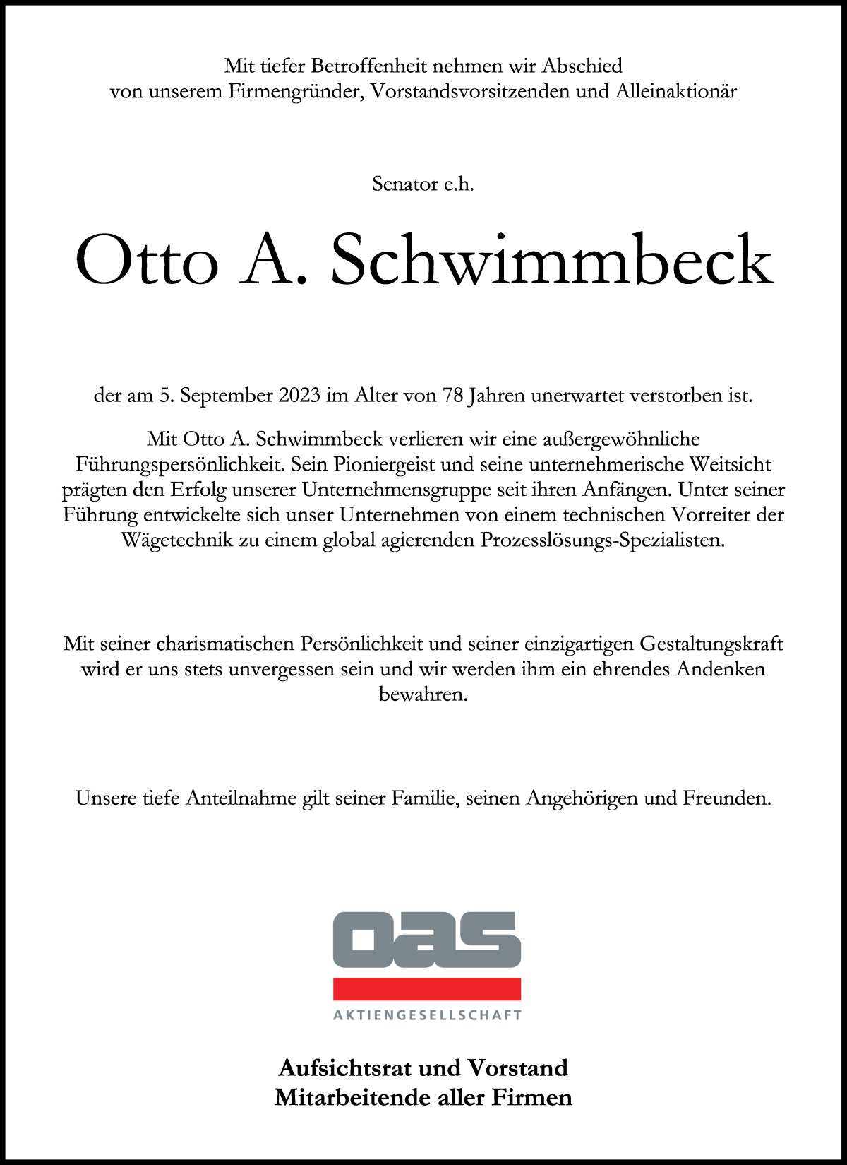 Traueranzeige von Otto A. Schwimmbeck von WESER-KURIER