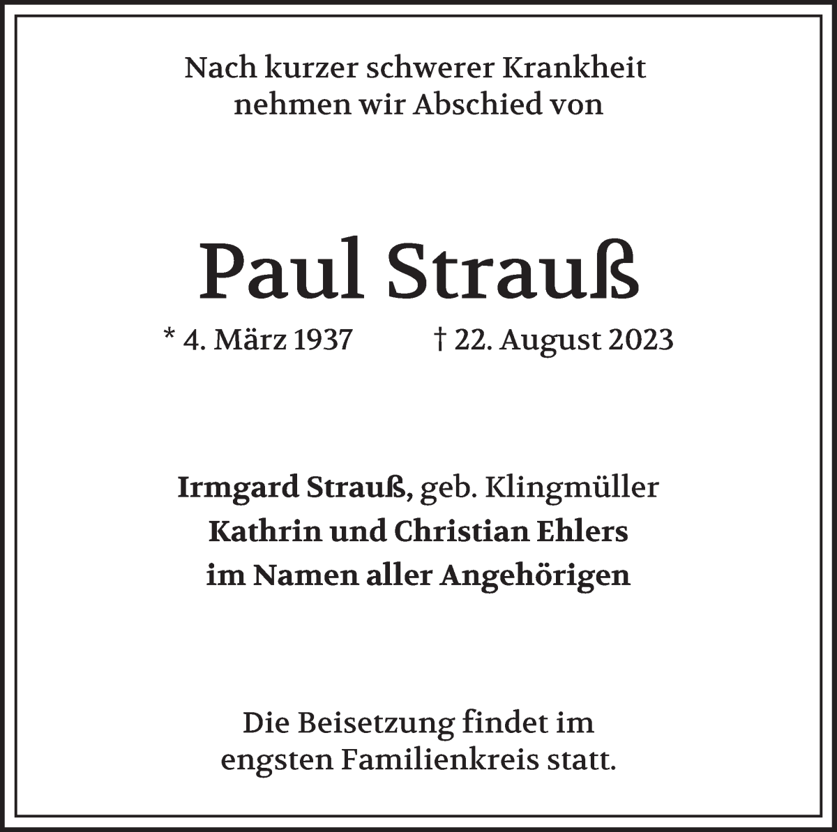 Traueranzeige von Paul Strauß von WESER-KURIER