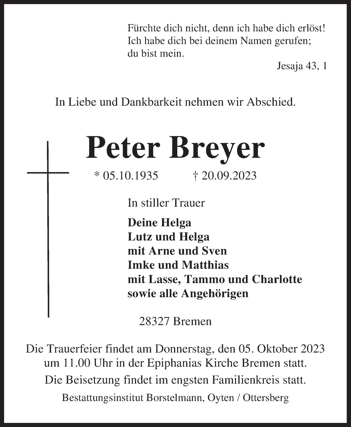 Traueranzeige von Peter Breyer von WESER-KURIER