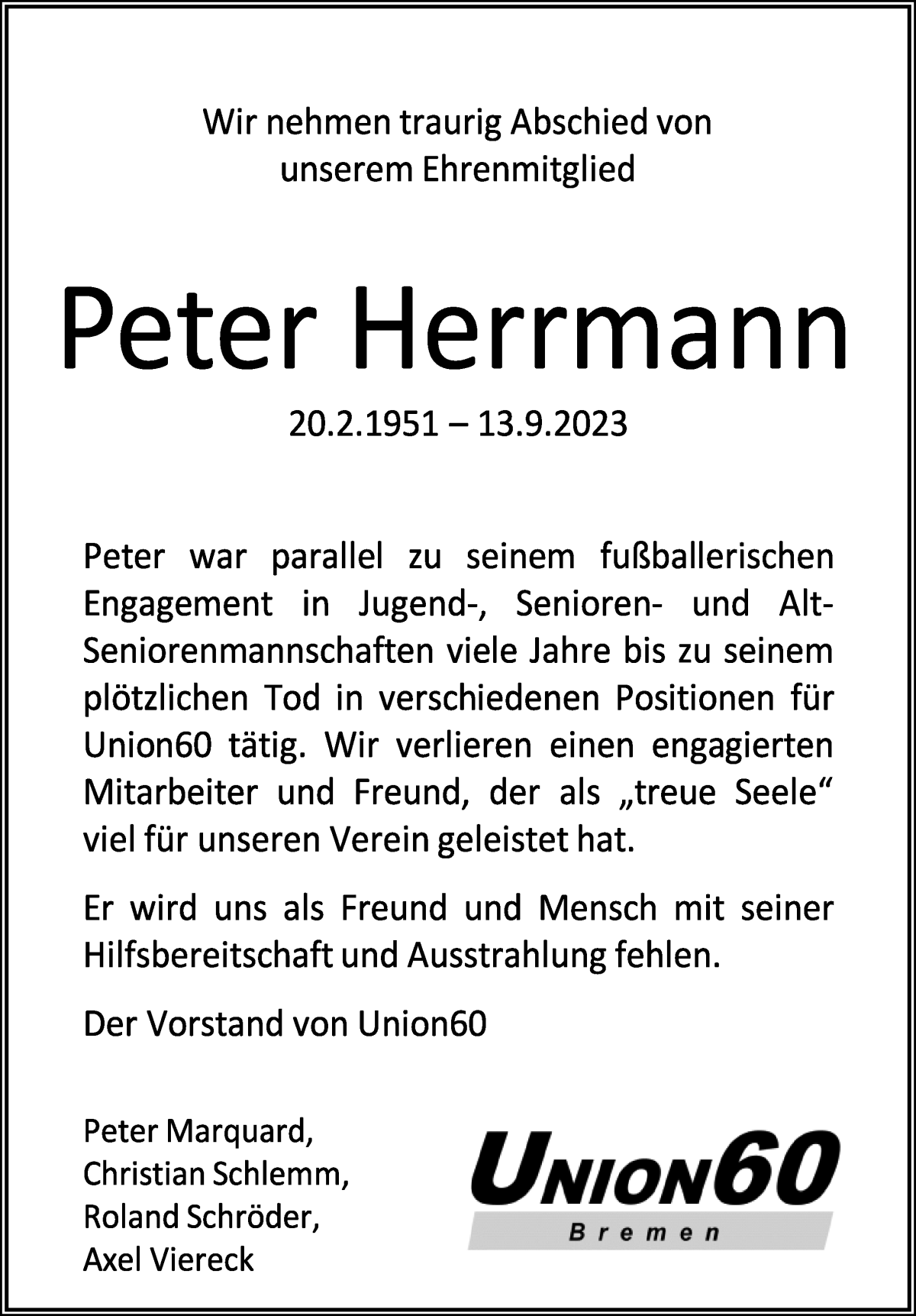 Traueranzeige von Peter Hermann von WESER-KURIER